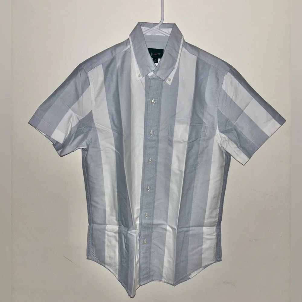 NWT J.Crew Short-sleeve cotton oxford shirt White Grey Blue Small Stripe Preppy